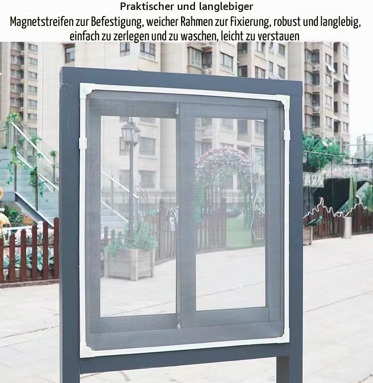 Insektenschutzgitter Fenster Magnet mit Rahmen - DIY Zuschneidbar Bildschirmfenster, Ohne Bohren, Starker Magnetrahmen & Glasfaser-Mesh (Schwarz, 140x180)