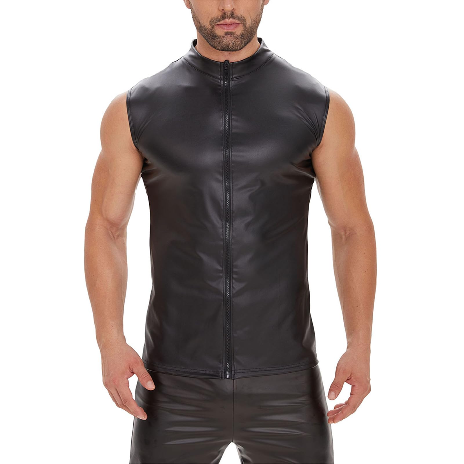 SDGHH-8MMDM Men's Wet Look PVC Short Sleeve Sleeveless Tops Faux Leather Vest Undershirt Short Sleeves Tank Tops Bodycon Vest T-Shirts Blouses Clubwear Nightwear,Black,XL