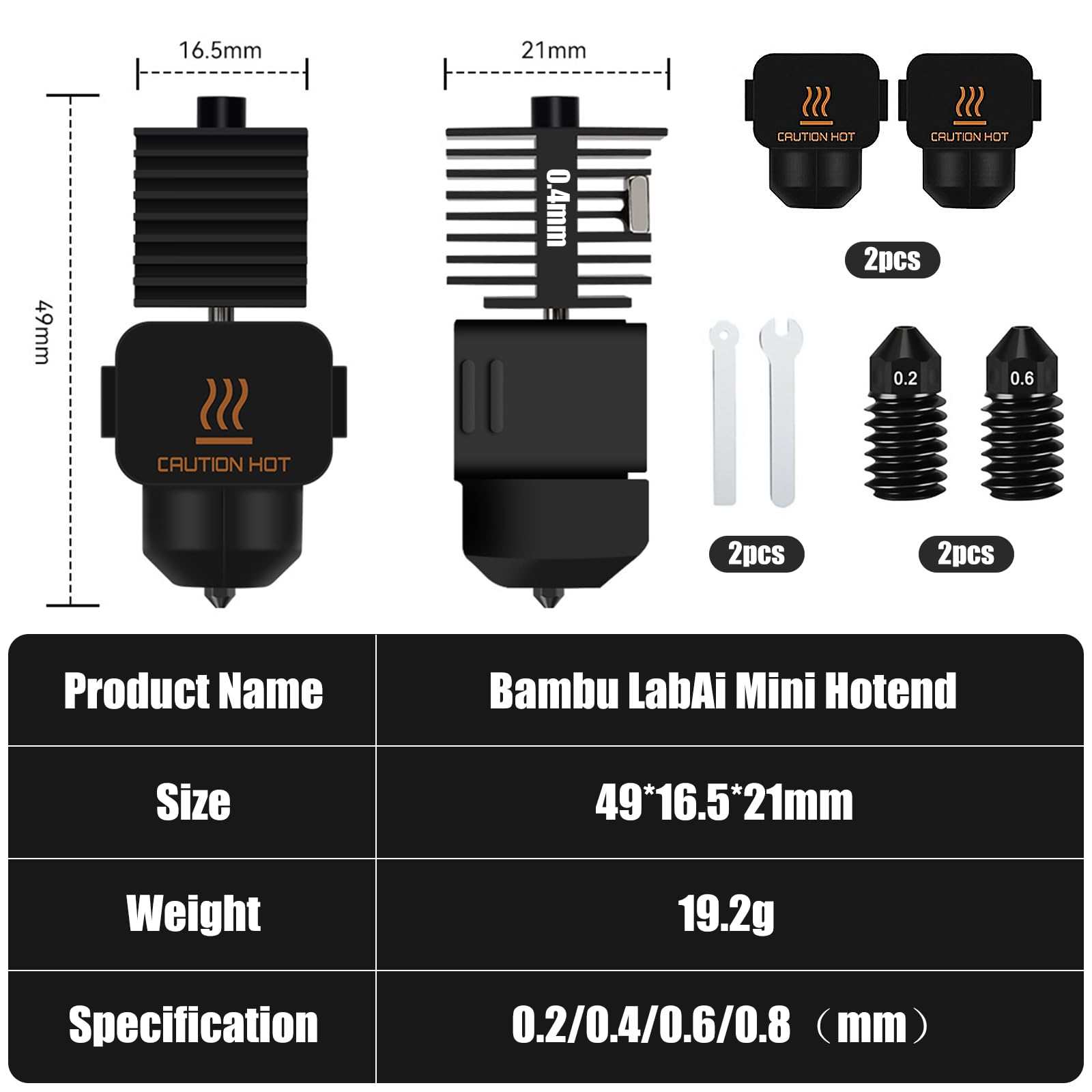 Zestaw ulepszający Hotend dla Bambu Lab A1/A1 Mini, głowica drukarki 3D 0,4 mm, zestaw grzejnika z nagrzewnicą z wymiennymi hartowanymi stalowymi dyszami 0,2 mm/0,6 mm i skarpetkami silikonowymi dla