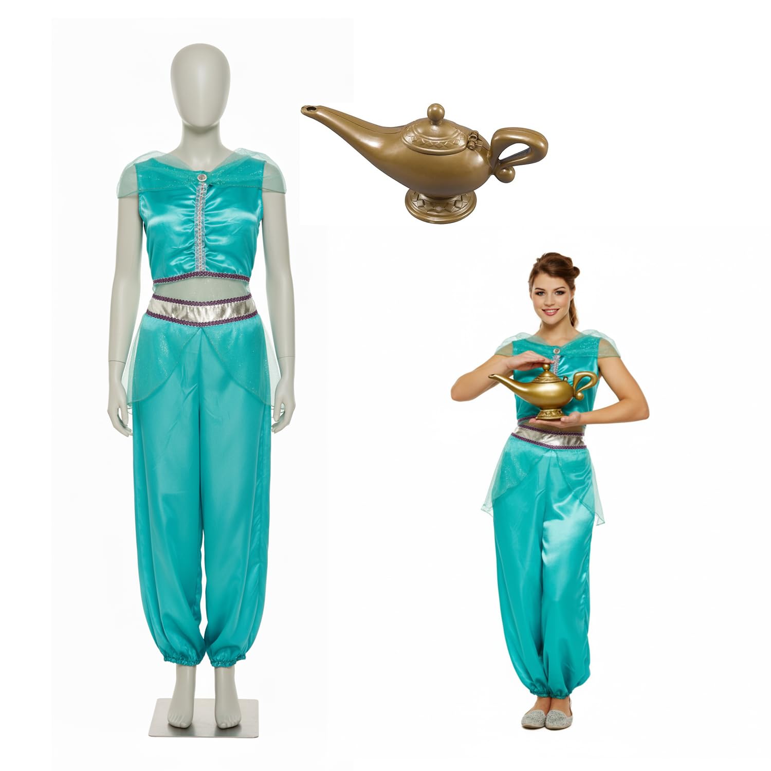 Bella Dox Arabian Princess Costume for Women - Jasmine Belly Dance Fancy Dress Outfit with Genie Lamp, Gold Sequin Jumpsuit for Halloween & Parties
