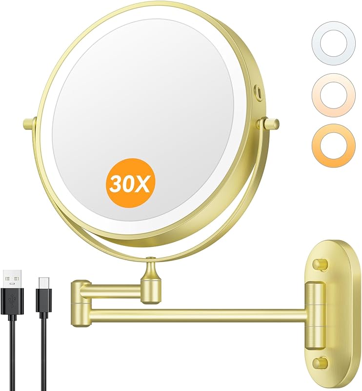 Espelho de maquiagem de parede Auxmir 1X/30X com iluminação LED, 20,32 cm, dourado