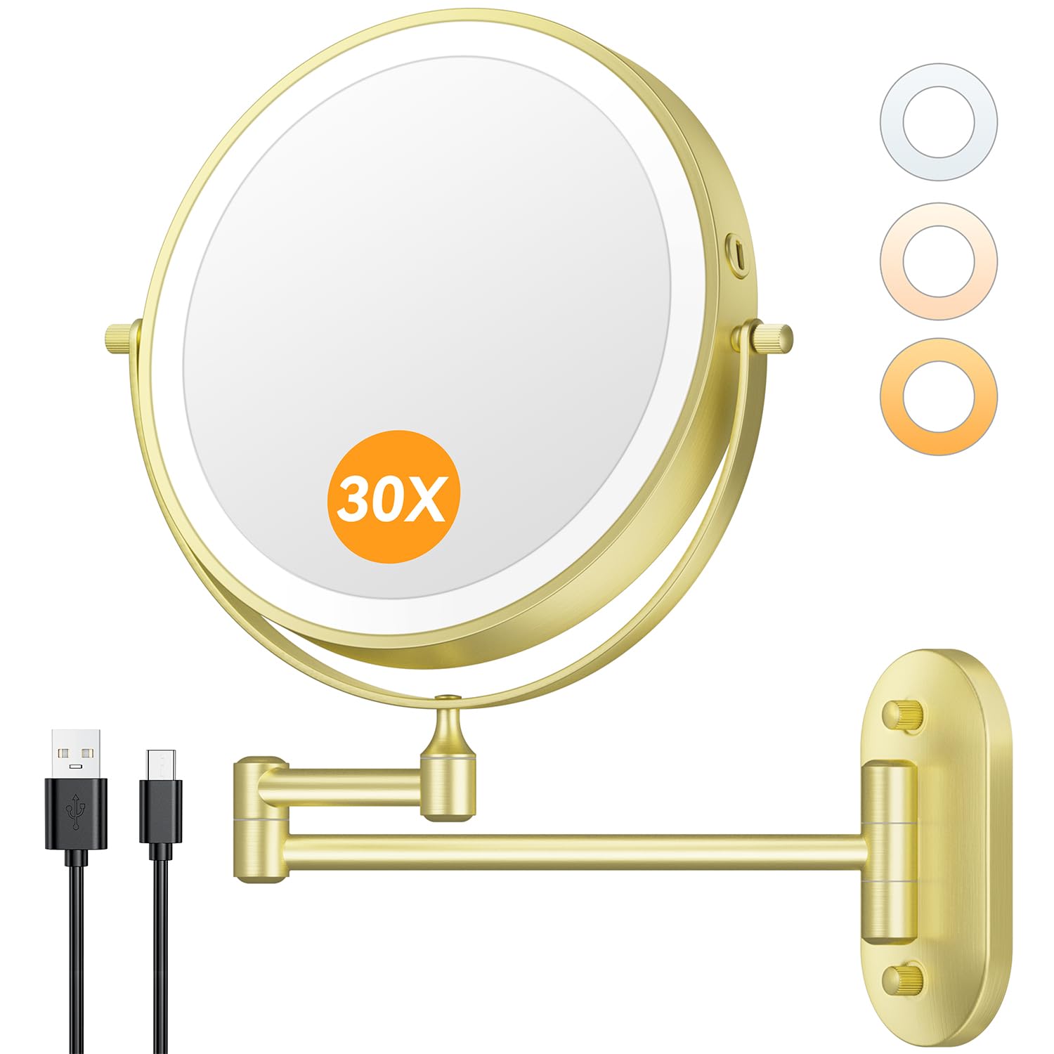 Miroir de maquillage mural double face de 20,3 cm avec lumière : miroir grossissant rechargeable 1X/30X 3200mAh, éclairage 3 couleurs à intensité variable et rotation à 360°, bras pliable, blanc