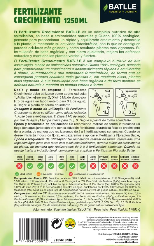 Fertilizzante Per Piante Ecoyerba Crescita Di Semi Batlle, 1250 Ml, A Base Di Guano E Amminoacidi - 2