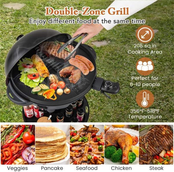 1200W Electric BBQ Grill - 2-in-1 Indoor/Outdoor Freestanding & Countertop Grill with Lid, Removable Stand, Thermometer & Condiment Shelf, 205 sq.in Non-Stick Double-Zone Plate for 6-10 People