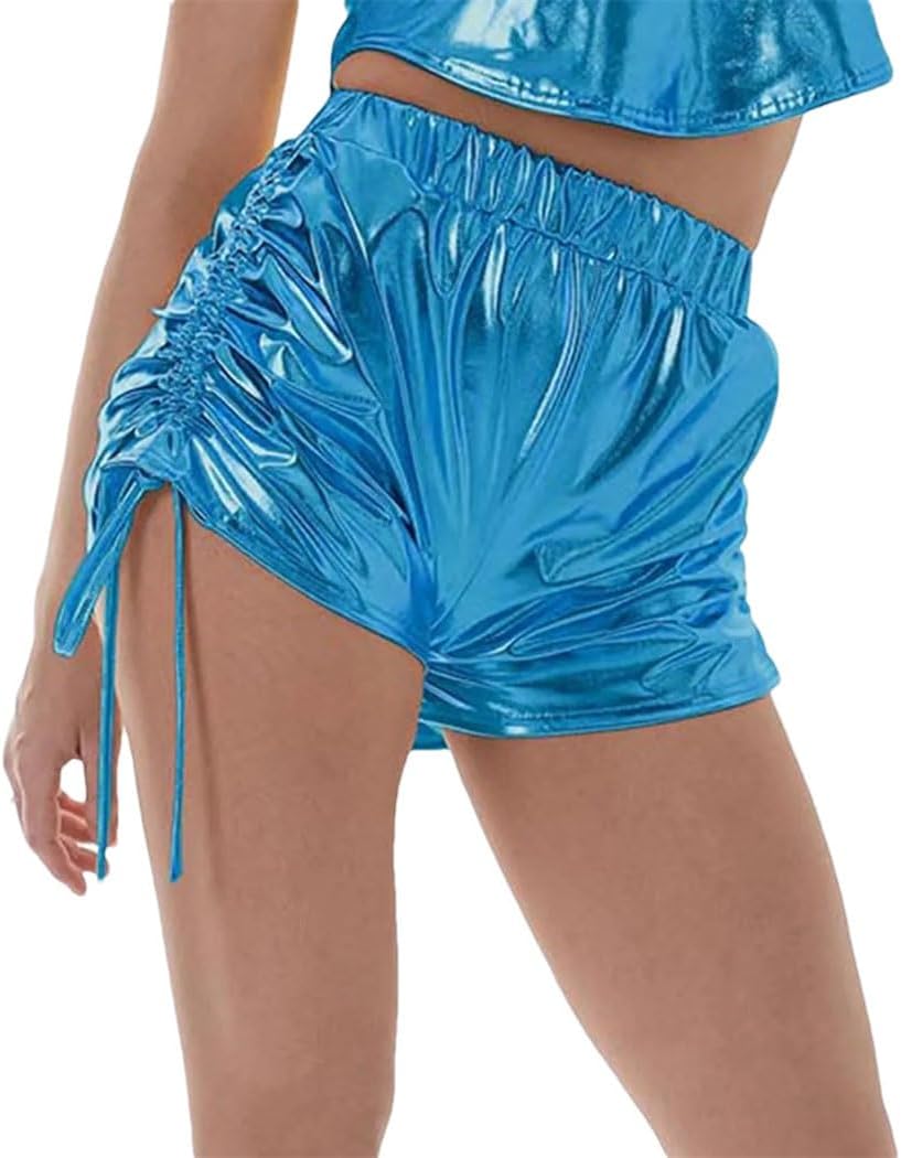Women's Metallic Yoga Shorts Shiny Drawstring Solid Sexy Versatile Beach Pants