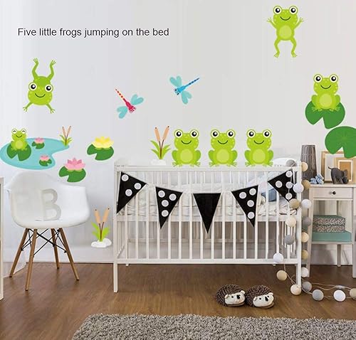 Miniatura 6 de Calcomanías de pared con diseño de ranas saltarinas con libélulas y loto, juego de calcomanías individuales para ventana de ranas con amigos del