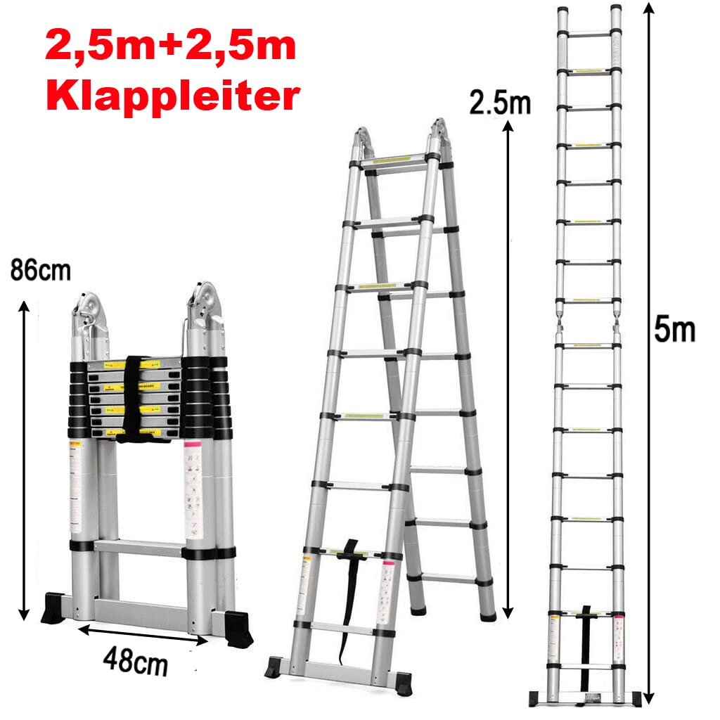 2,5+2,5m Aluminium Klappleiter Teleskopleiter, rutschfest Ausziehleiter Dachbodenleiter Ausziehbar Anlegeleiter, 8+8 Sprossen, Leicht zu Tragen, 150kg Tragkraft