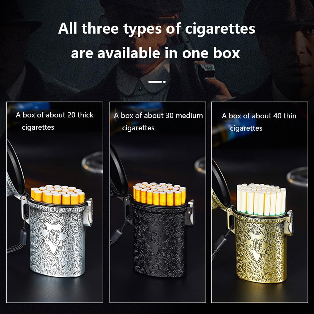 Retro European Cigarette Case with Three Capacity (20, 30 and 40 Cigarettes), Embossed Maple Leaf Design, Sealed and Moisture-Proof, with Portable Cord, Unisex, Silver