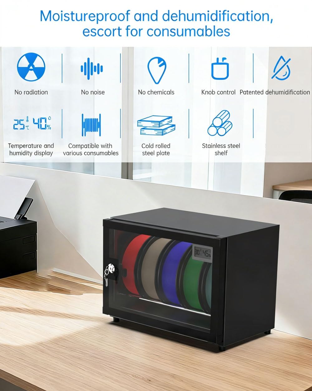 3D Drucker Filament Aufbewahrungsbox, 25L Luftentfeuchter Schrank mit LCD-Display, kontrolliert RH25%-RH60%, hält 5 Rollen für PLA, ABS, PETG, TPU-Filament