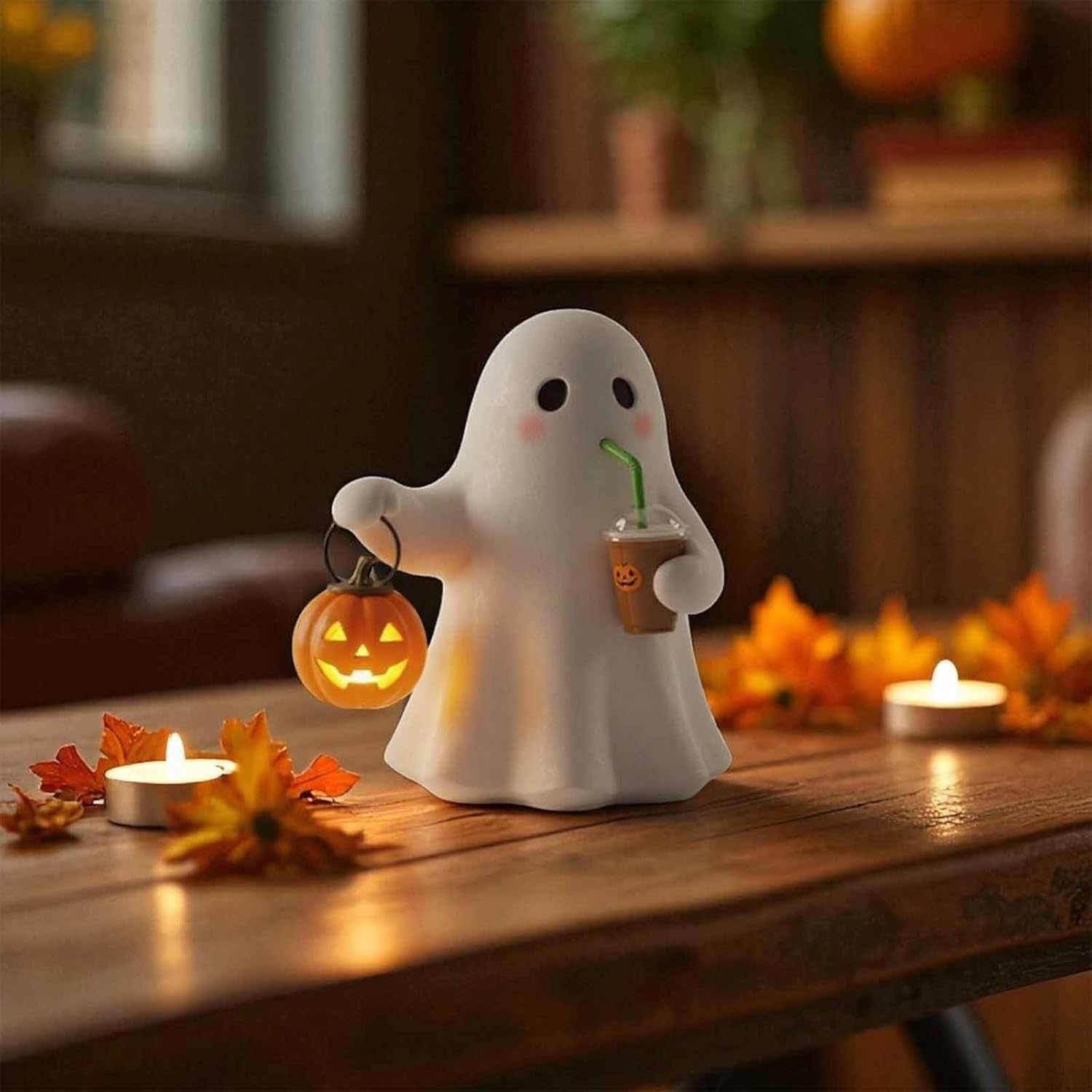 Handmade Ghost Coffee Pumpkin Night Light, 5.7" Cute 3D Led Spooky Resin Ghost Statue Lamp Decorations, 2026 New Funny Holiday Mini Gothic Light Up Desktop Ornaments for Home, Bookshelf (2PCS)