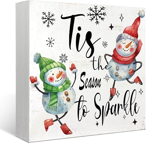 Mtrgdn Letrero de Navidad con diseño de muñeco de nieve, decoración de mesa de interior, caja de madera, placa de bloque de madera de muñeco de