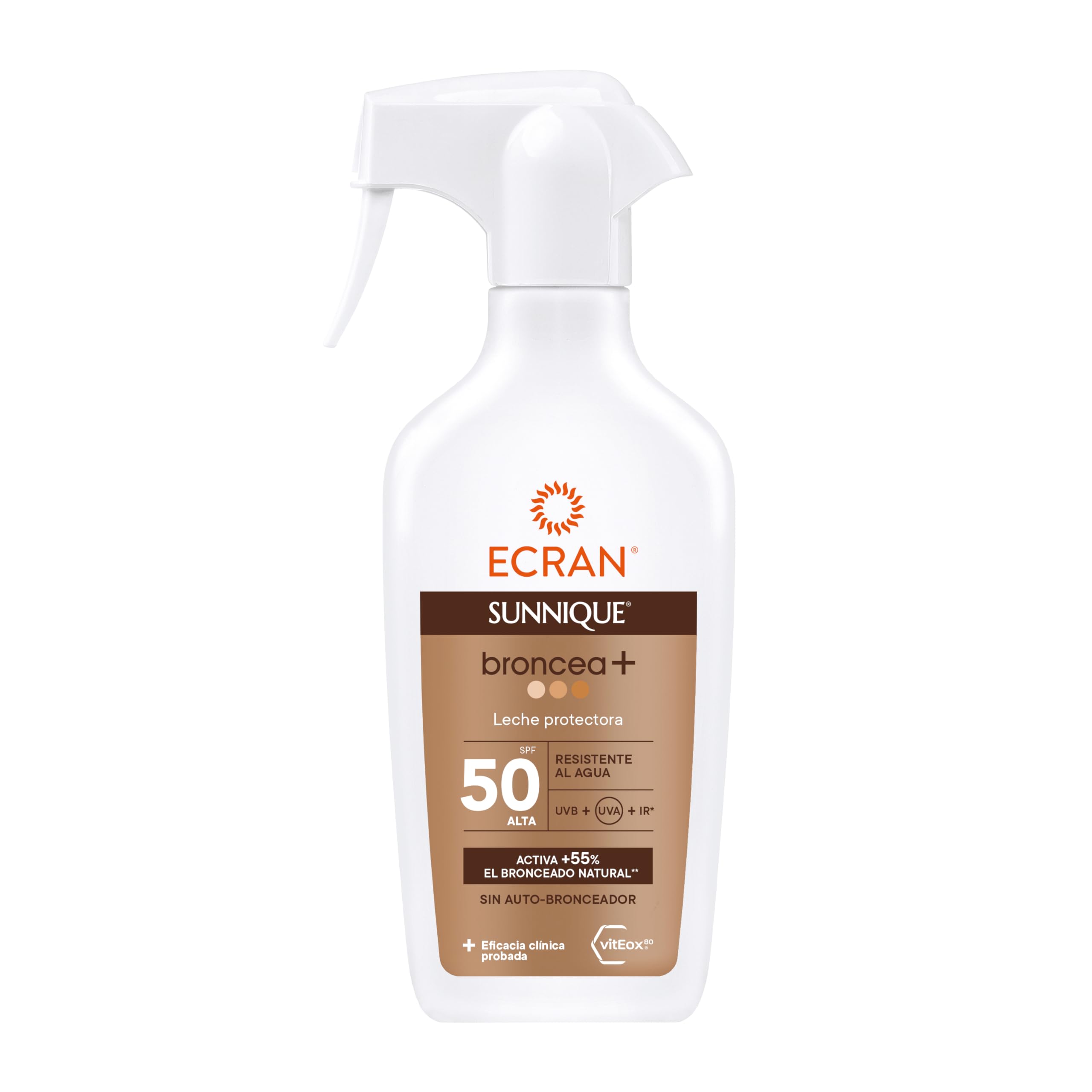 Ecran Sunnique - Leche Protectora Solar Broncea+ SPF 50 en Spray, Protección UVB y UVA, Activa el Bronceado Natural, Sin Autobronceador, con Tecnología PureBronze, Resistente al Agua - 270 ml