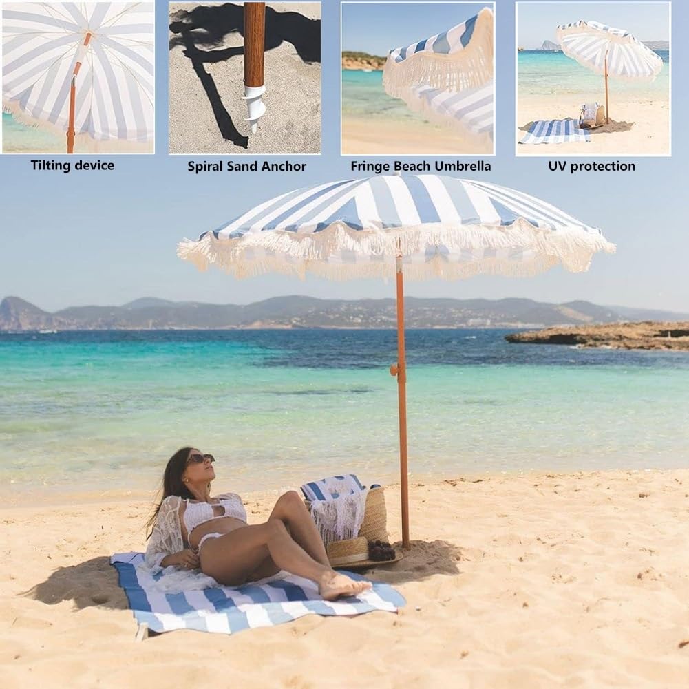 200 cm Boho Paski Parasol Plażowy z Frędzlami, Przenośny Odchylany Parasol Ogrodowy z Torbą Transportową do Ogrodu, na Piknik, Basen(Green)