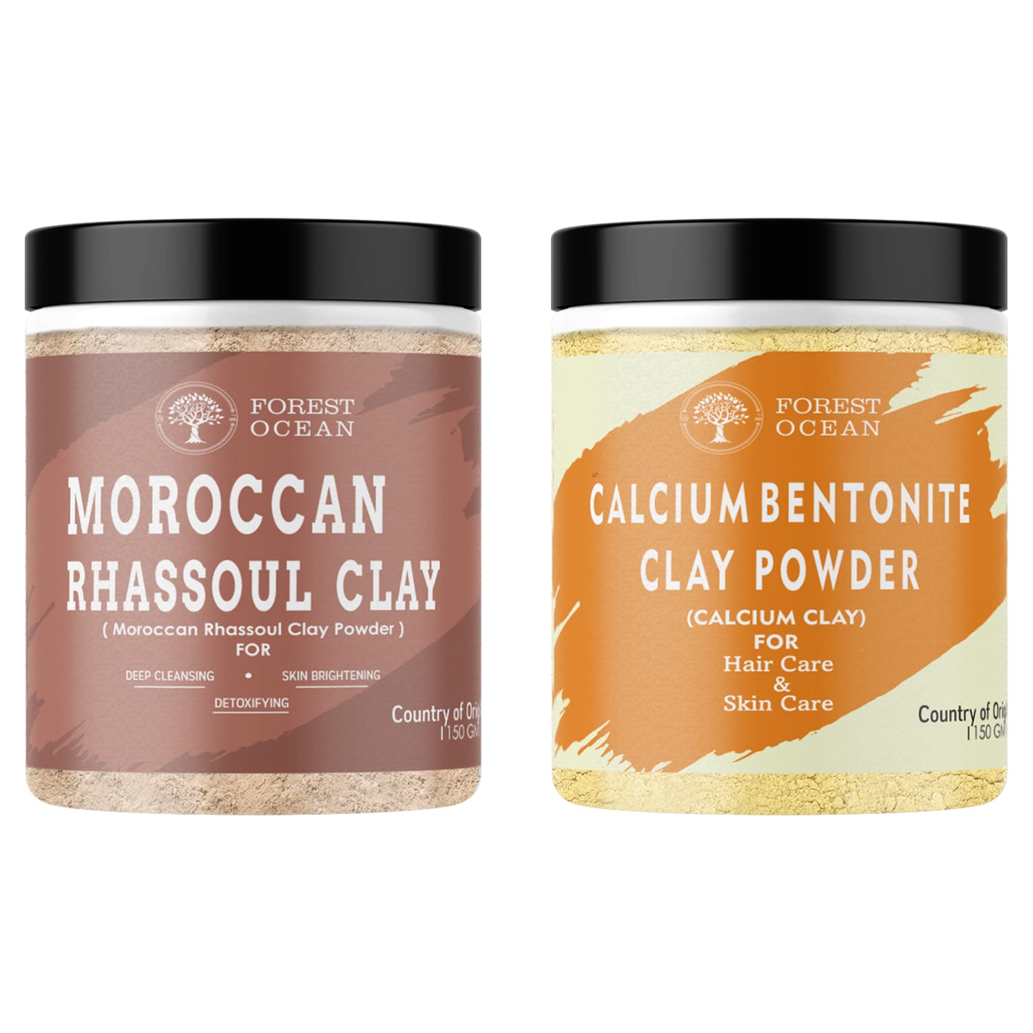 FOREST OCEAN100% Pure Calcium Bentonite Clay & Moroccan Rhassoul Clay Powder Combo Pack For Hair Care & Skin care, Unisex - (150g Each Pack Of 2)