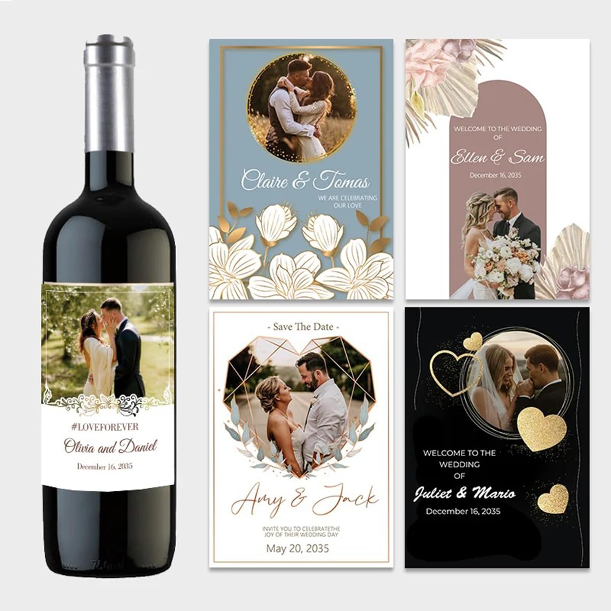 ZoikoM Custom Wine Bottle Stickers Photo Labels Personalize Printing Photo Wedding Birthday Engagement Baby Shower Wine Labels (Design 5,12.7cm*9cm)