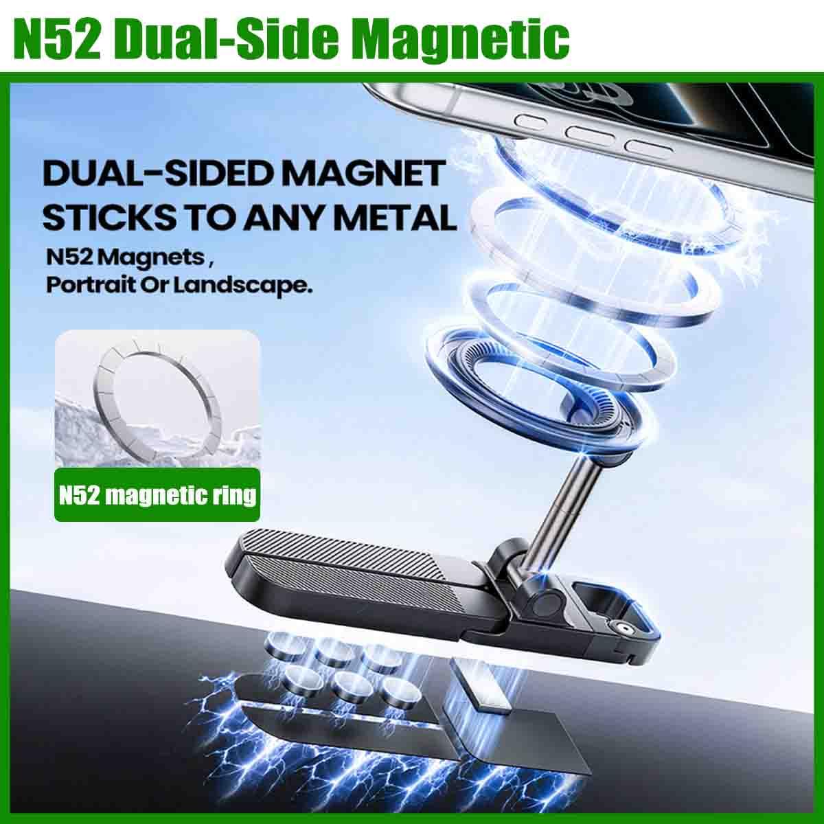 Foldable Magnetic Phone Holder With Carabiner,Zinc Alloy N52 Magnet，2pcs | Portable Pocket Selfie Stick,Phone Stand,360° Swivel Suction Cup,Dual-Side Magnetic,Fits Vlog,Gym,Golf cart,Travel,Desk