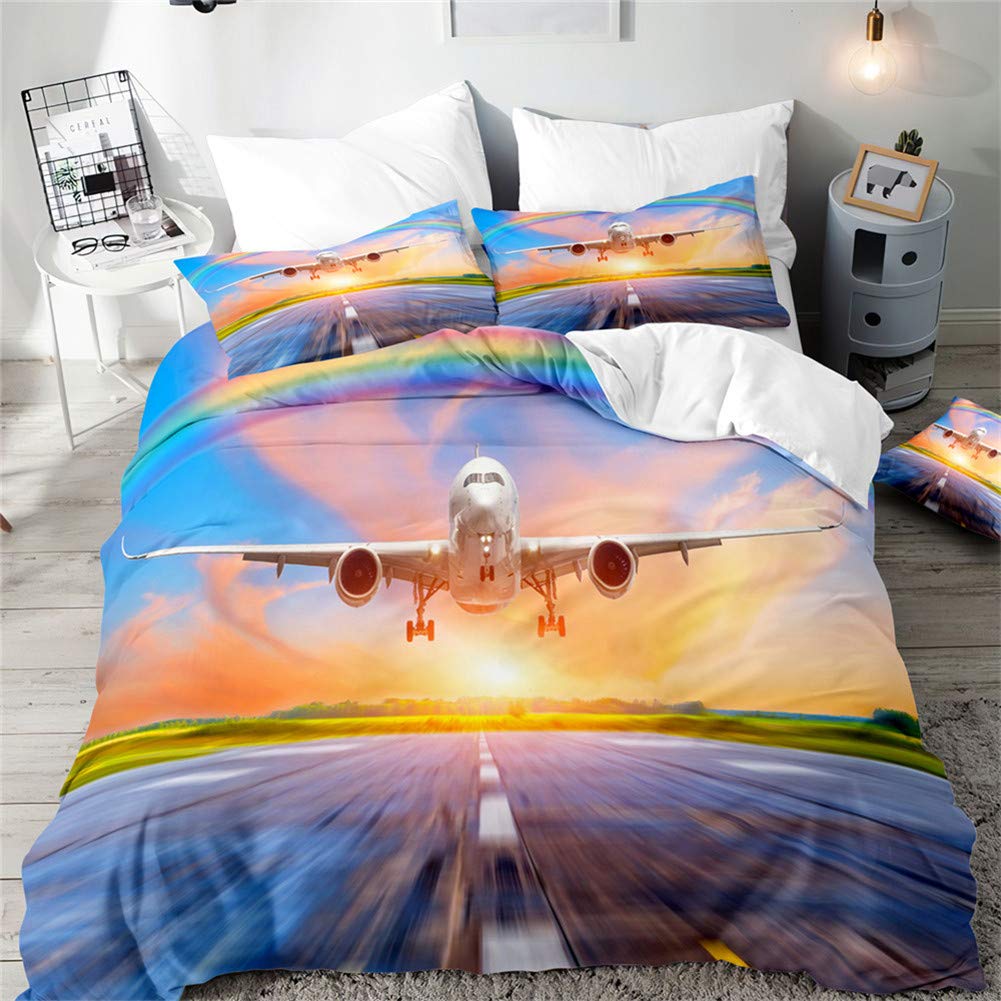 Housse de couette 220x260 avion au décollage et ses 2 taies d'oreiller