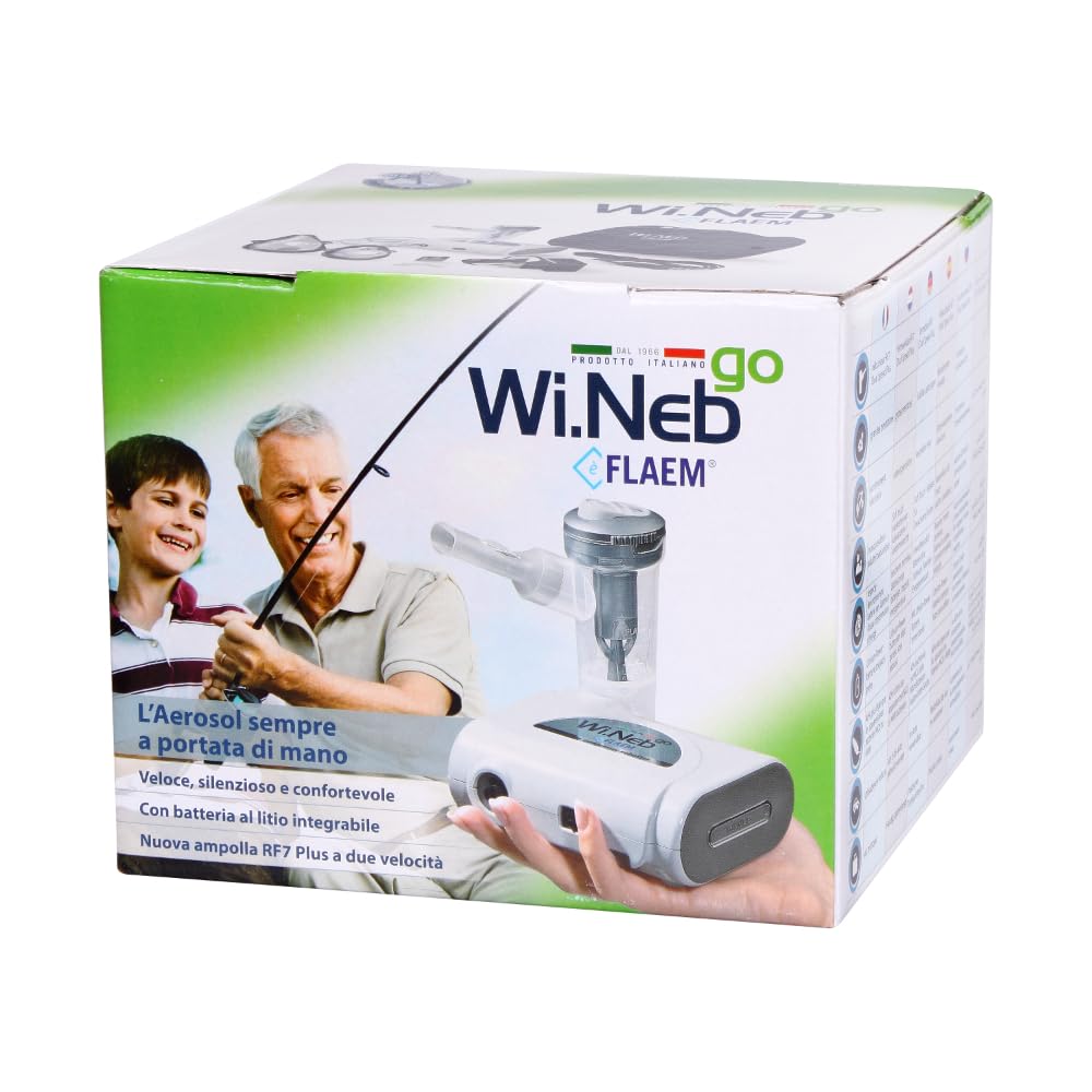 Flaem, Wi.Neb Go, Aerosol Portatile Silenzioso per le Basse Vie Respiratorie, Macchina Aerosol Adulti e Bambini Certificata con Mascherine Soft Touch, Batteria, Alimentatore, Custodia, Made in Italy