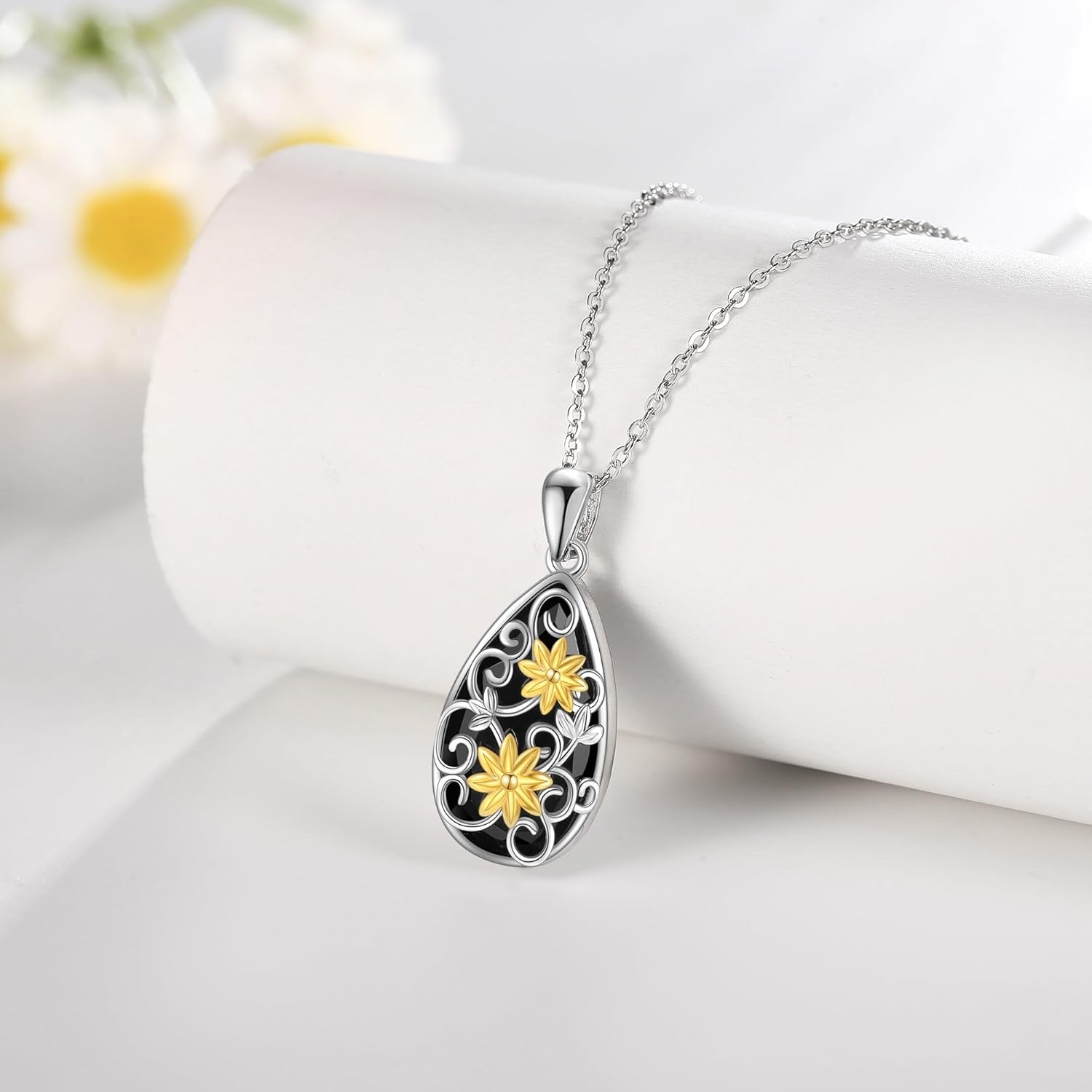 ONEFINITY Black Onyx Necklace Sterling Silver Filigree Flower Black Onyx Pendant Necklace Natural Onyx Jewelry For Women - Image 3