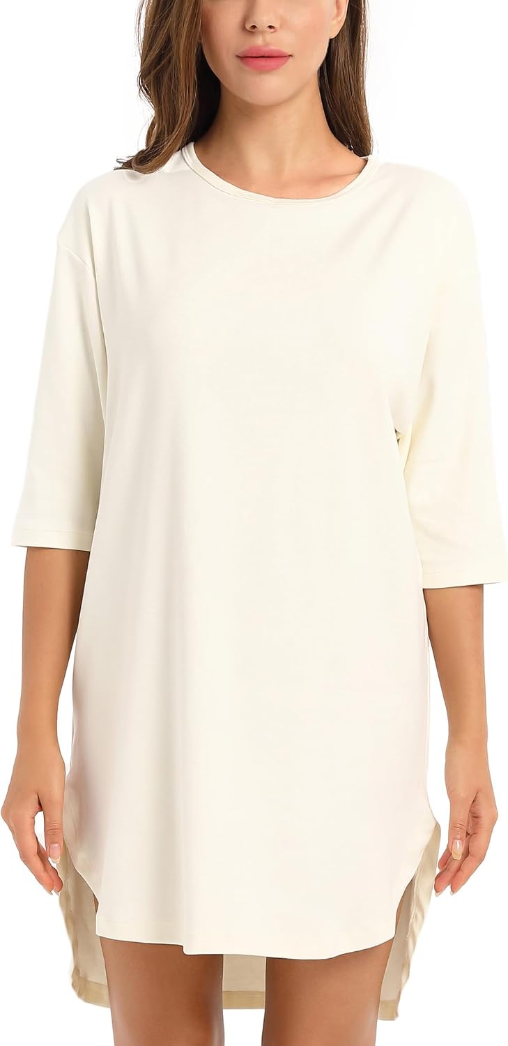 Women's Crew Neck 3/4 Sleeve Oversized Pajamas Loose Sleepshirt | Ribbed Combed Cotton Homewear Versitale Ocassions Nightgown Nightshirt Dress Can be worn outside