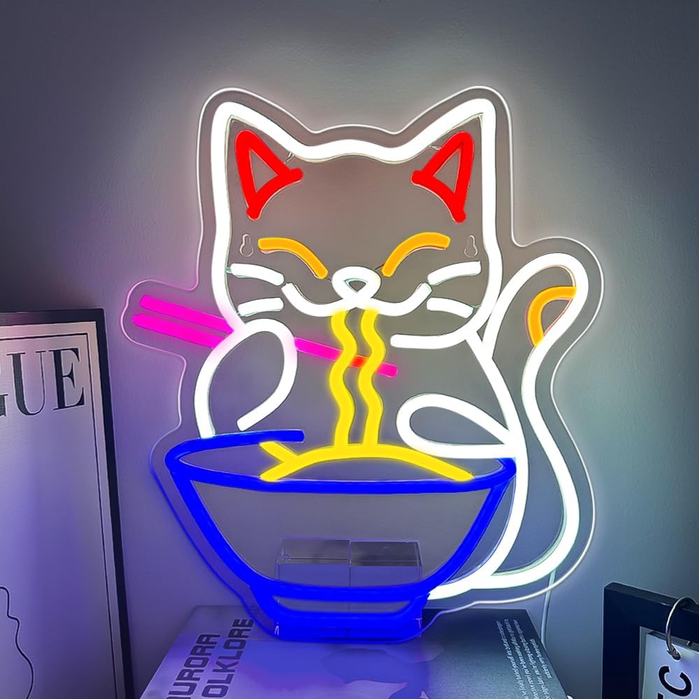 Ramen Cat Neon Sign for Wall Decor, Fortune Japanese Cat Eating Ramen Led Light Signs Maneki Neko Lucky Neon Signs for Bedroom, Noodle Resturant,Baby Girls Room Party Gift