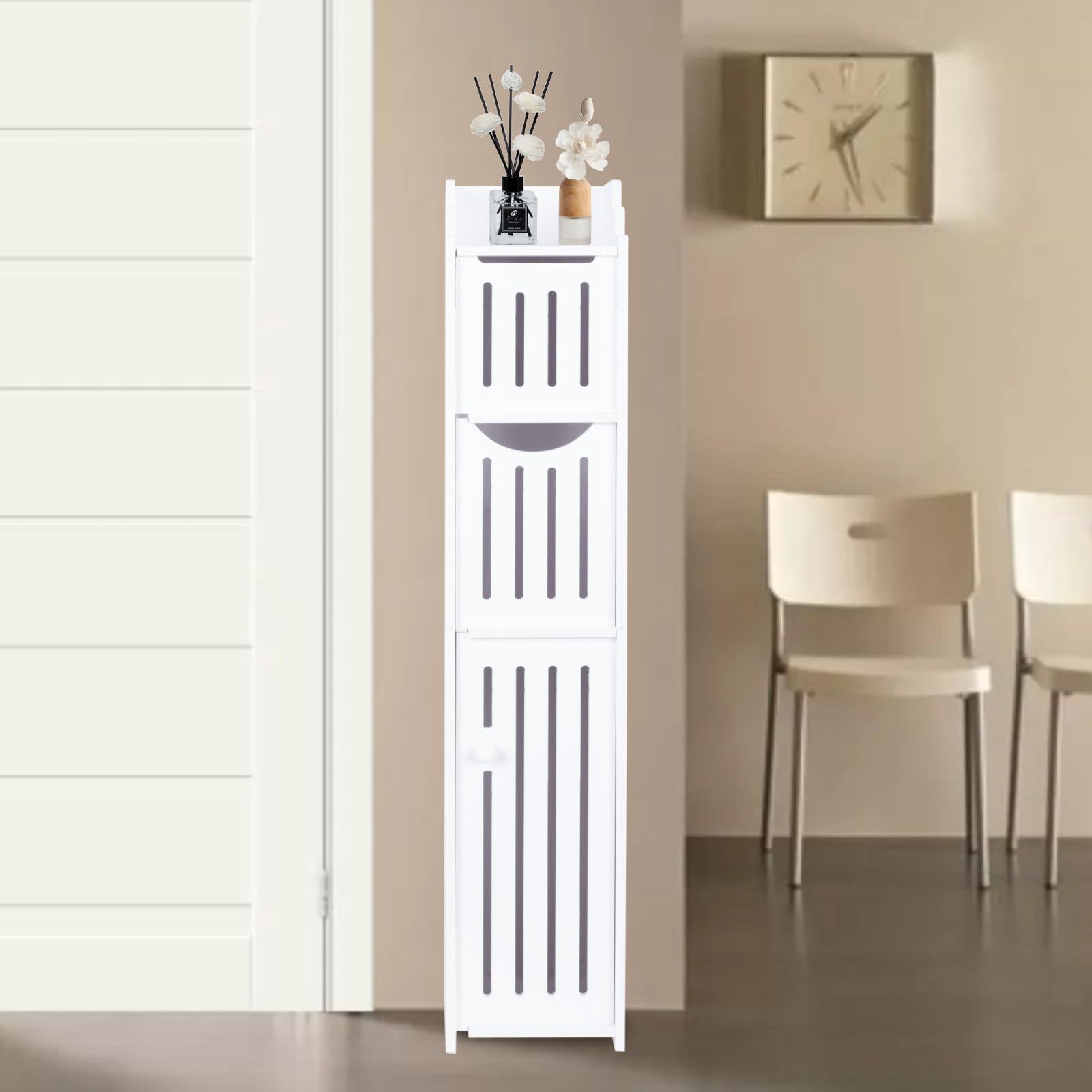 ShellKingdom Soporte para papel higiénico, gabinete de almacenamiento de baño con puertas y estantes, gabinete de almacenamiento delgado para baño, espacios pequeños, organizador de estante esquinero,