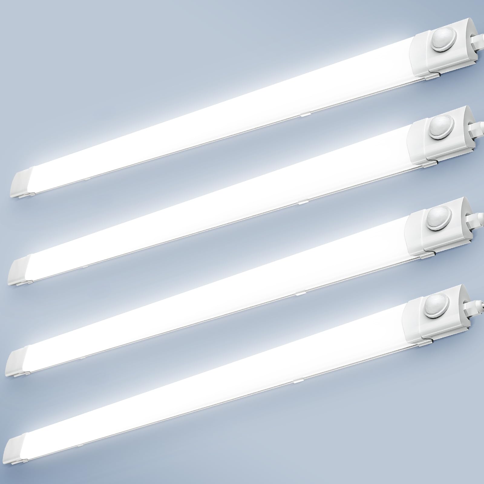 Keleef 4 Pcs LED Batten Lights 4FT 40W 6500K LED Tube Light with Motion Sensor, IP65 Waterproof 4400LM LED Ceiling Strip Lights for Office Warehouse Garage Workshops Basements Kitchen Living Room