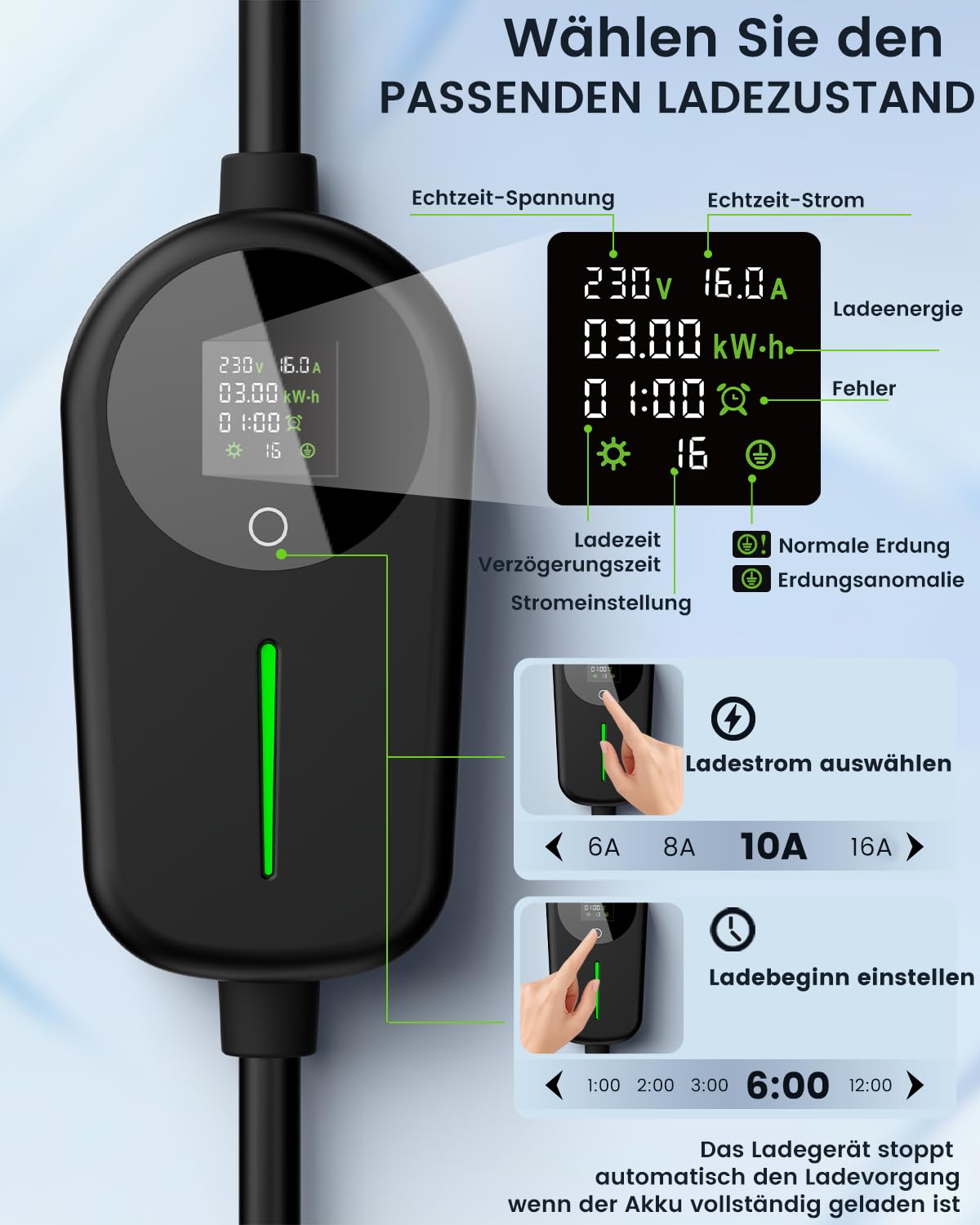 EzGoGo Typ 2 Ladekabel Schuko 3,7kW 10m, 6-16A, EV Ladegerät