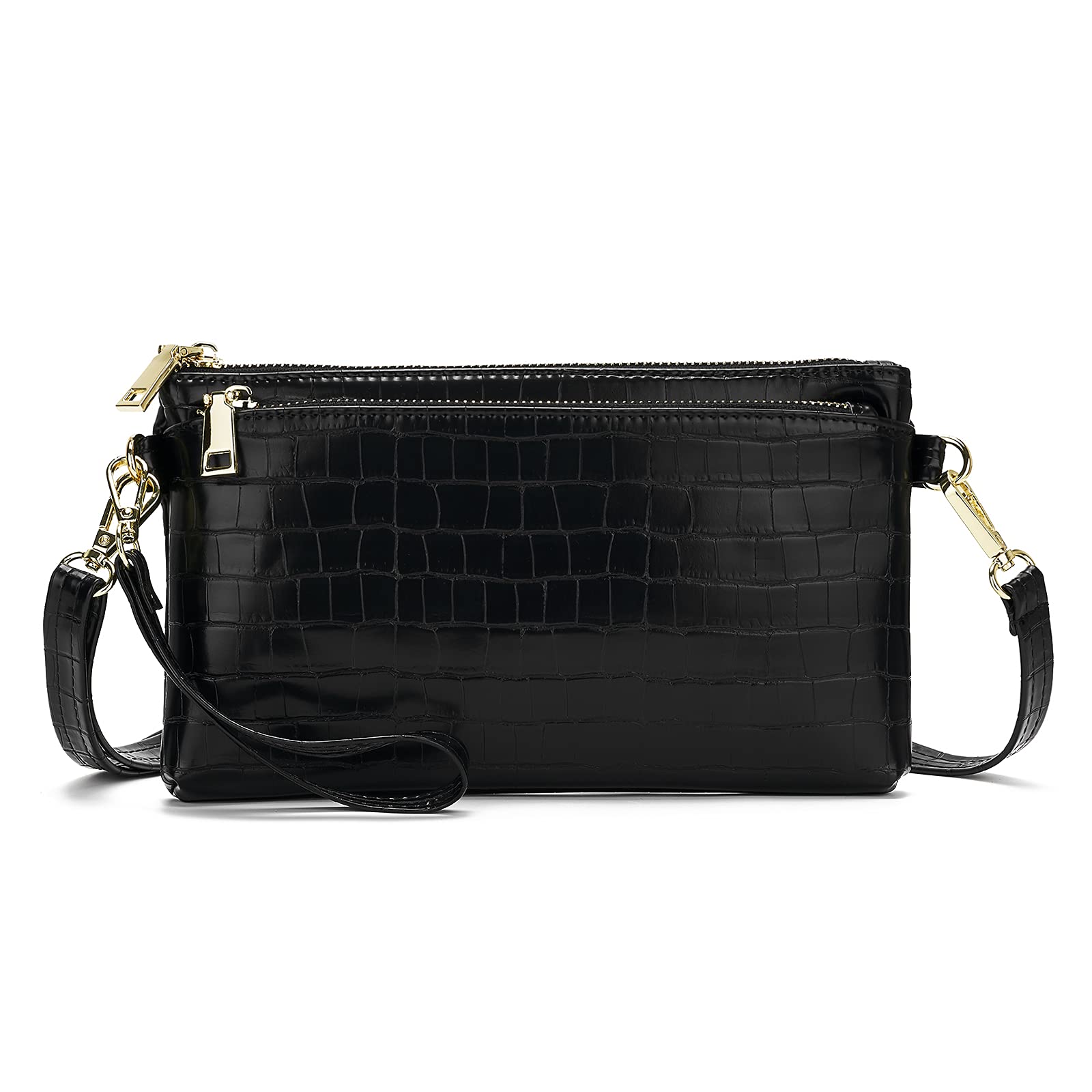 ZOOEASS Triple Zip Small Crossbody Bag Lightweight Purses Vegan Leather Wristlet Clutch, Includes Adjustable Shoulder | Triple Zip, Small, Lightweight, Vegan Leather: Crocodile Blcak
