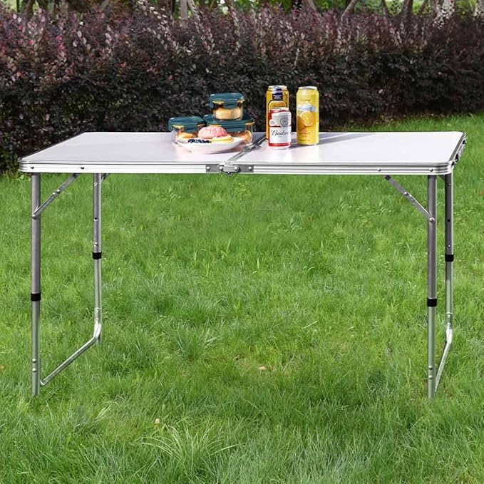 Tavolo da Campeggio Picnic con Struttura in Alluminio, Sistema Pieghevole con Maniglia per Trasporto Facilitato, Ideale per Giardino e Pranzi Esterni, 60x150x70cm (Bianco)