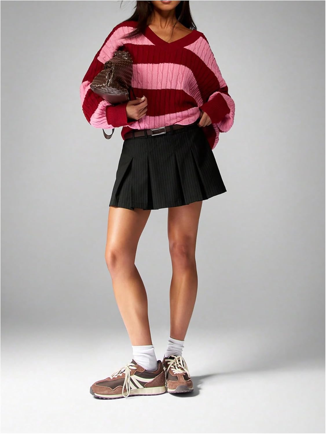 SHENHE Women's Oversized Striped Sweater V Neck Long Sleeve Preppy Cable Knit Pullover - Image 5