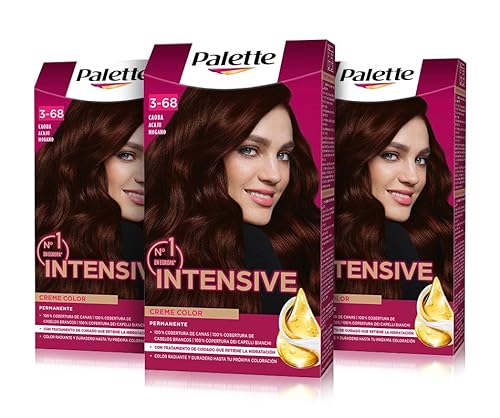 Palette Intensive Creme Color 3-68 Caoba, tinte de pelo permanente con aceite de macadamia y almendras, cubre el 100% de las canas y raíces, para un color radiante, Pack 3