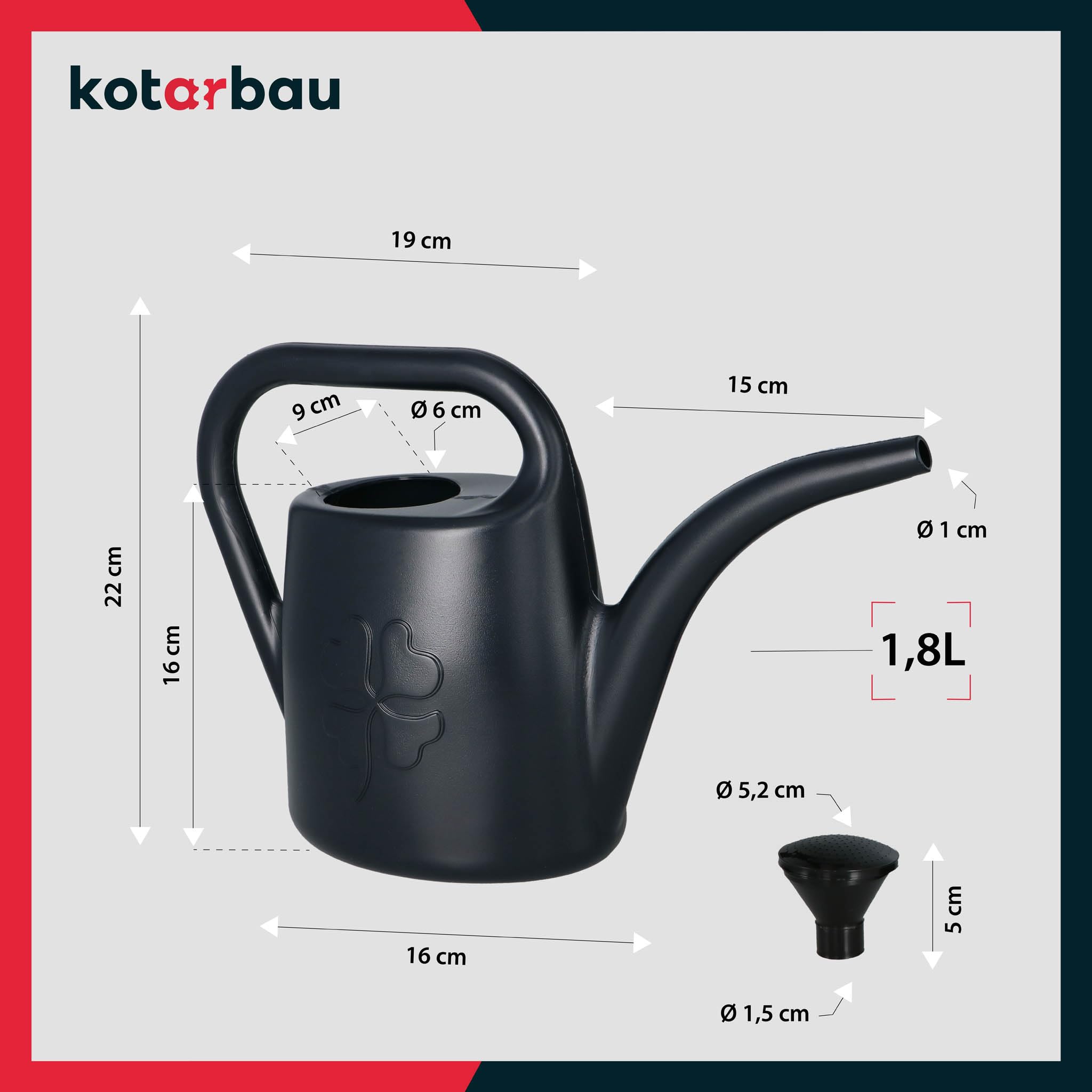 KOTARBAU® Regadera Plantas - Plástico - 1,8 L - Antracita - Regaderas para Macetas - con Boquilla Extraíble para Jardín