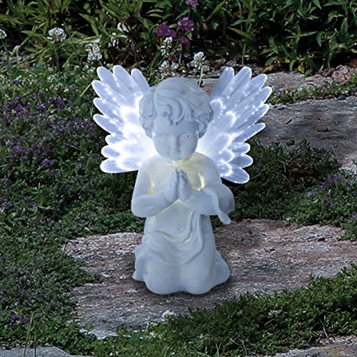 GardenKraft 12680 Lumière d'ange LED à énergie solaire | Chérubin commémoratif avec ailes en fibre optique | LED blanc chaud | Résistant aux intempéries | Auto-On | 19 cm x 9 cm