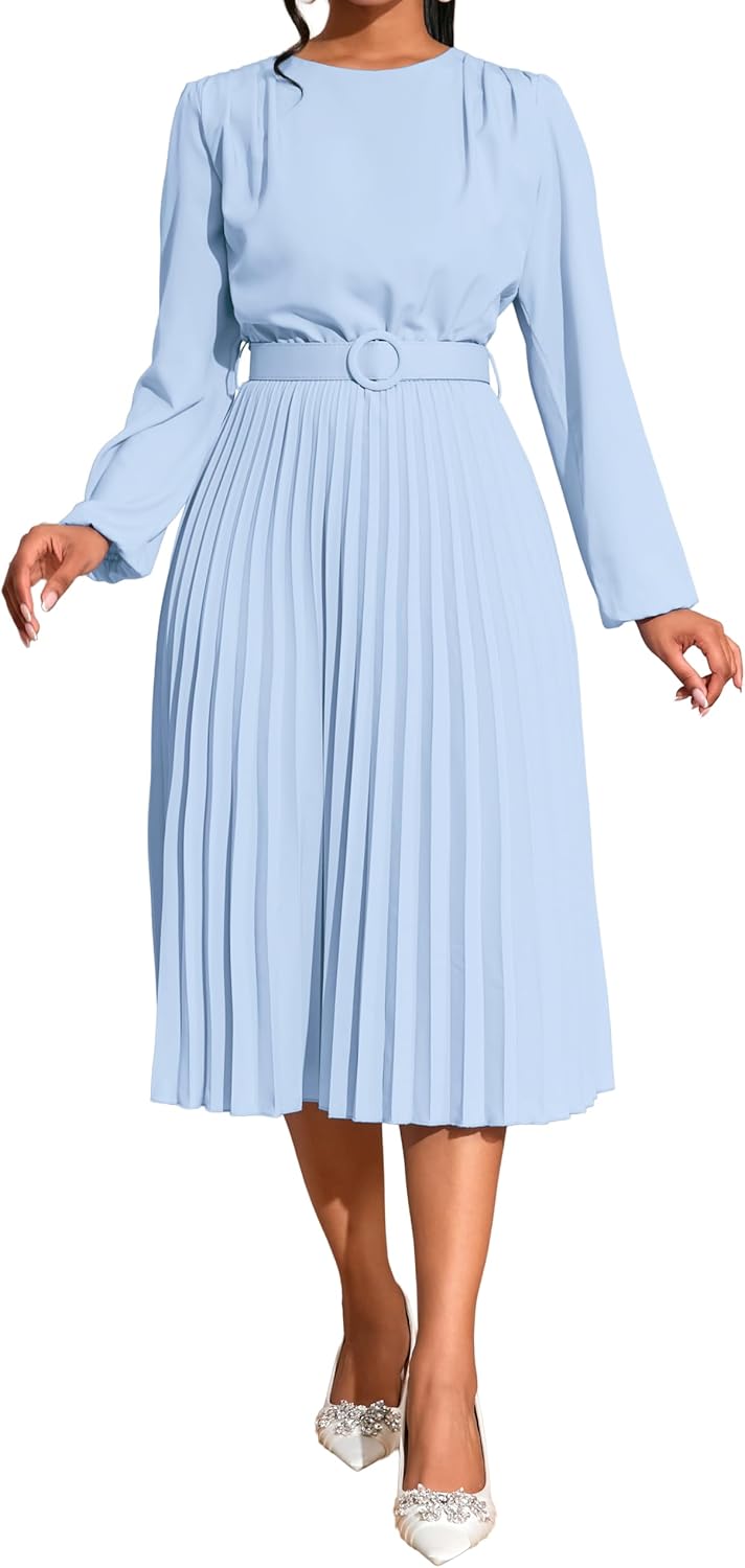 Elainone Women Pleated Midi Dress Long Sleeve Party Wedding Guest Pleated Dress Semi Formal Business Casual Dresses