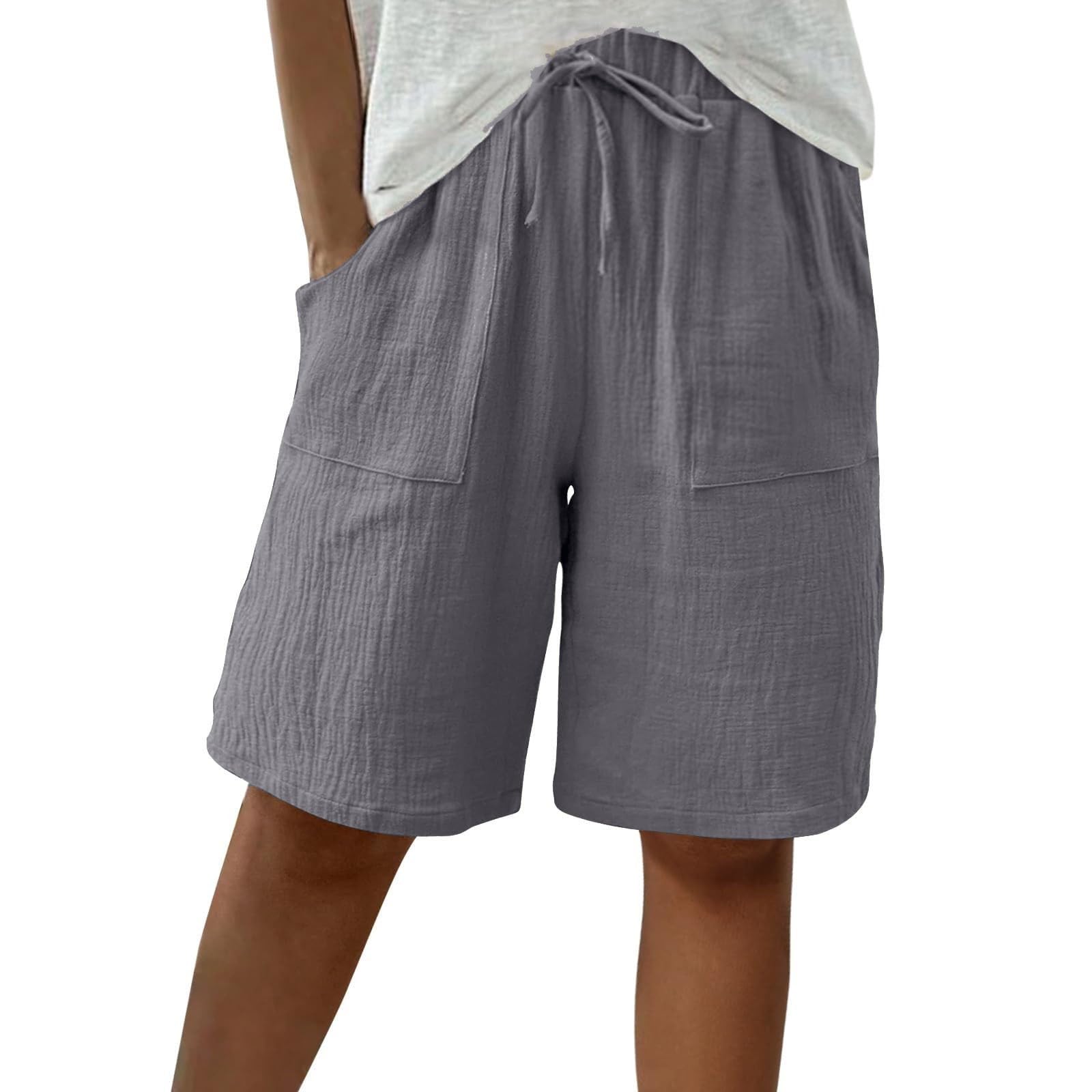 APRDFEU Bermuda Shorts for Women Knee Length High Waisted Baggy Shorts with Pockets Cotton Linen Summer Casual Lounge Outfits — view 10