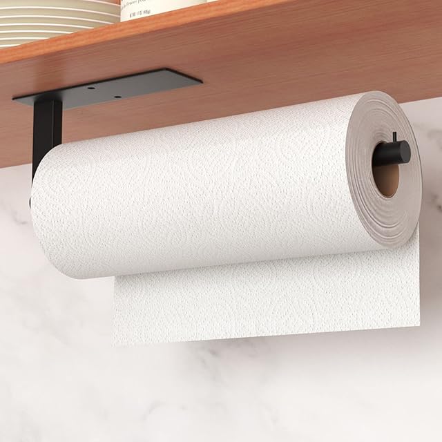 Kitchen Roll Holder Under Cabinet, Stainless Steel Paper Towel Holder Matte Black, Self-Adhensive Kitchen Towel Rack Wall Mounted, Suitable for Pantry, Kitchen, Bathroom
