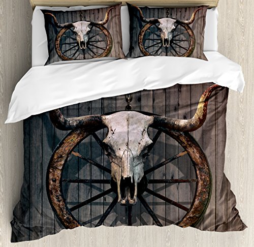 Ambesonne Barn Wood Wagon Wheel Duvet Cover Set, Long Horned Bull Skull and Old West Wagon Wheel on Rustic Wall, Decorative 3 Piece Bedding Set with 2 Pillow Shams, Queen Size, Black Brown