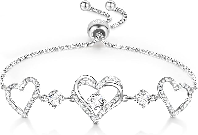 Bracelets for Womens,Sterling Silver Bracelet for Women 925 Silver,Friendship Bracelet,Adjustable Womens Heart Bracelet with Zircons,Jewellery for Women,Gifts for Women,Gifts for Mother's Day