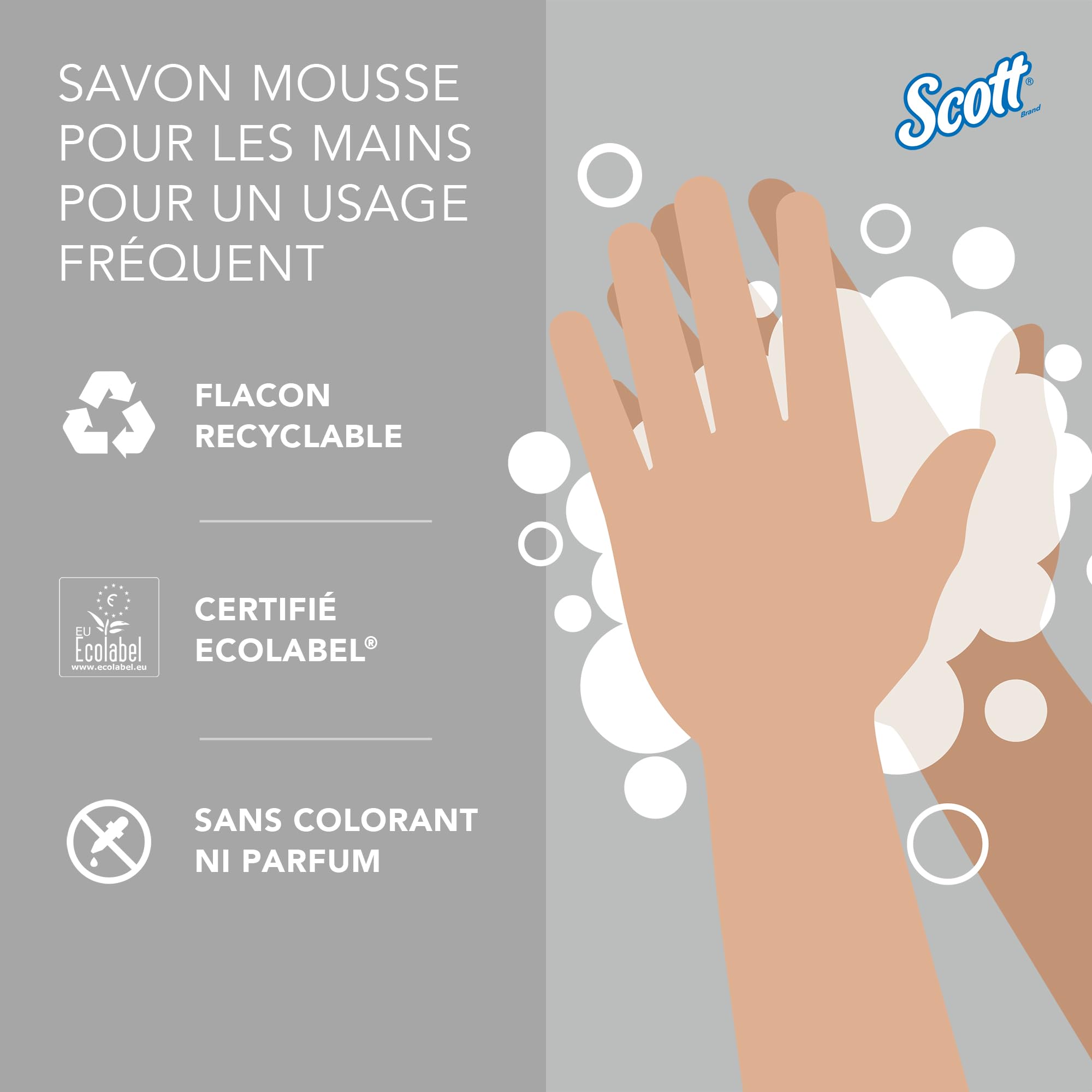 Scott Control savon mousse pour les mains pour un usage fréquent 6342 - Savon mousse non parfumé pour les mains - 6 recharges x 1 litre de Savon mousse transparent pour les mains (6 litres au total)