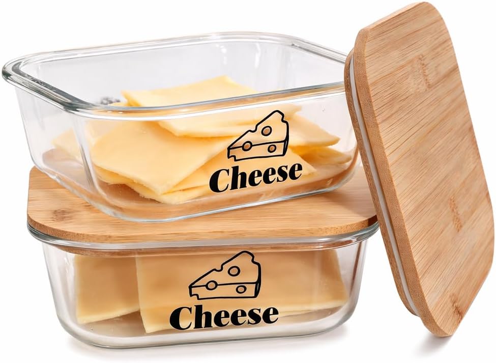 2 Pack Cheese Storage for Fridge - Airtight Storage Box, 1.2L Glass Cheese Container with Bamboo Lid, Stackable Fridge Containers, Transparent Glass Jar for Butter/Meats/Fruit/Nut