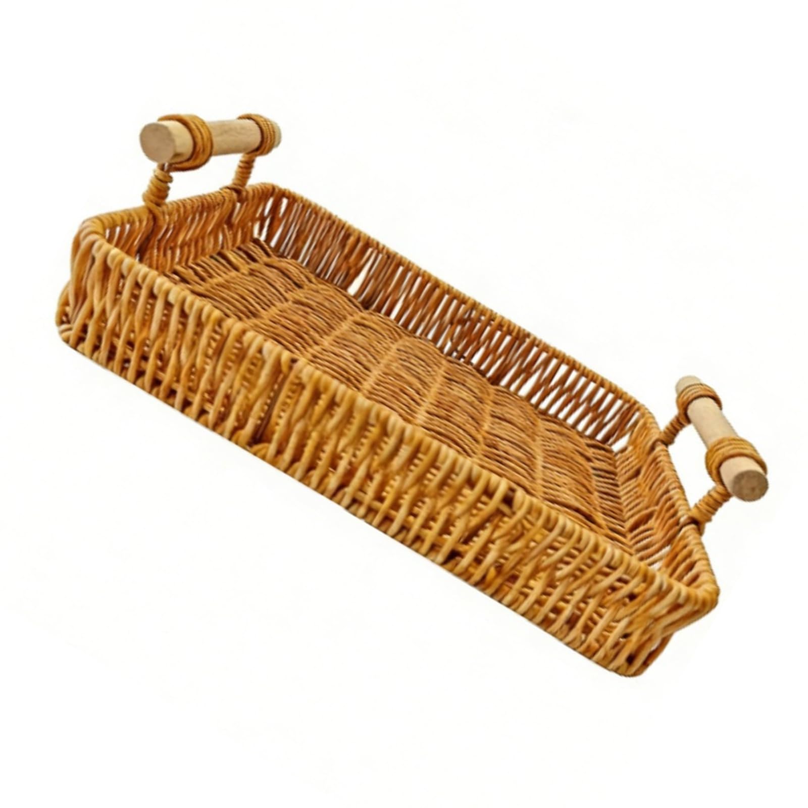 Zeiwohndc Handwoven Organizers Tray Polyethylene Wicker Look Basket with Wood Handles for Bathroom Counter and Dresser Decors Rattan Tray