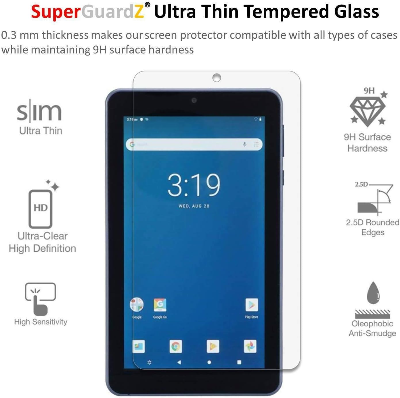 [2-Pack] for Onn 7" Tablet/Onn Surf 7" Screen Protector [Tempered Glass], SuperGuardZ, 9H, 0.3mm, 2.5D Round Edge, Anti-Scratch, Anti-Bubble [Lifetime Replacement]