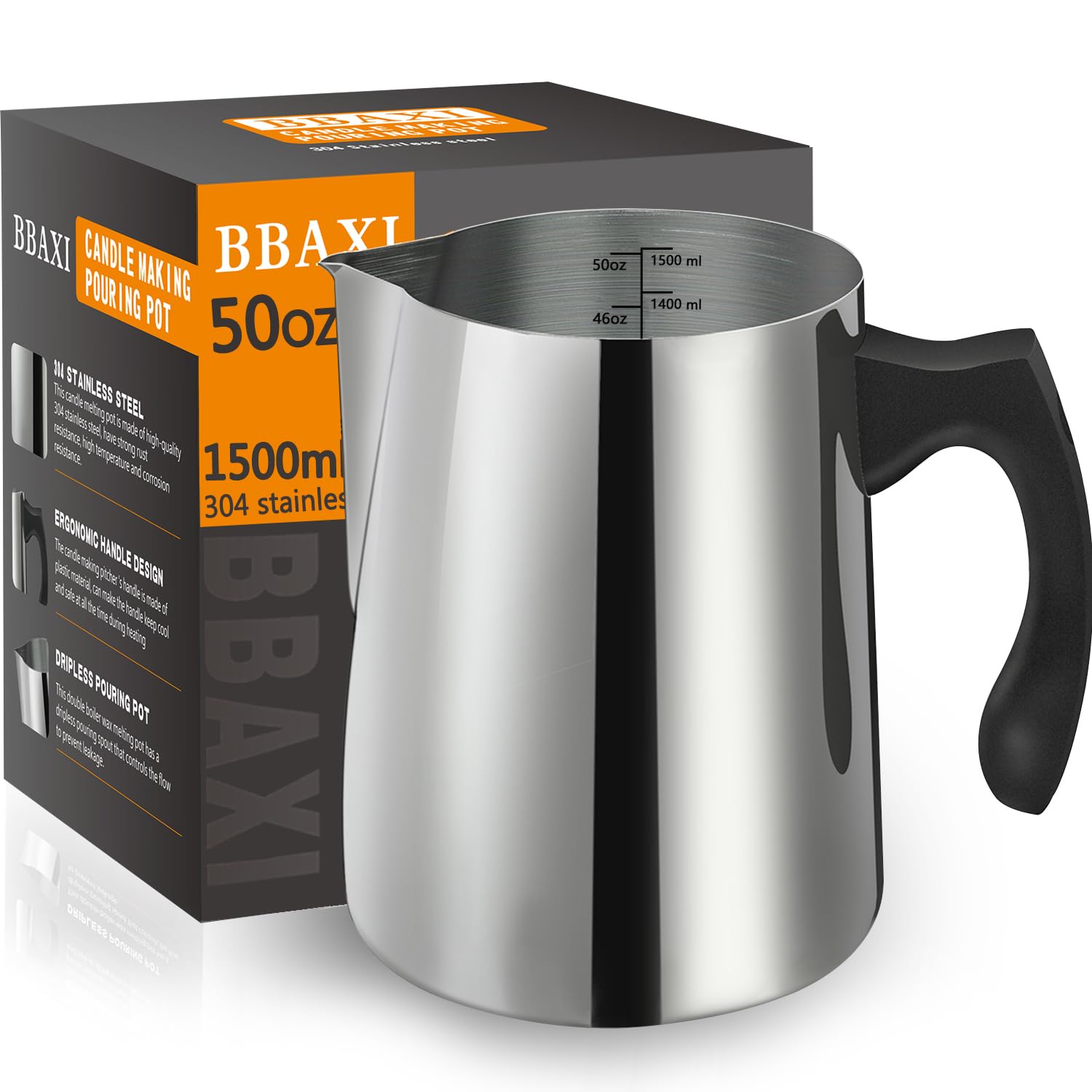Jarra para hacer velas de 1500 ml (50 oz) de acero inoxidable 304 con asa resistente al calor y boquilla antigoteo.