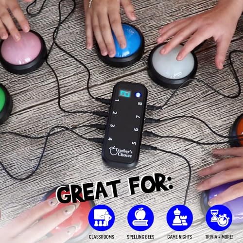 Image of Teacher's Choice Light Up Game Buzzer System, Displays The Winning Player Loud, Unique Sounds for Each Buzzer, Great for Trivia Games, Family Feud, Jeopardy (8 Pack)