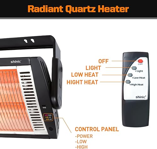 Miniatura 4 de Shinic Paquete de 2 calentadores eléctricos de garaje con control remoto, calentador de cuarzo radiante montado en el techo de 1500 W750 W con luz