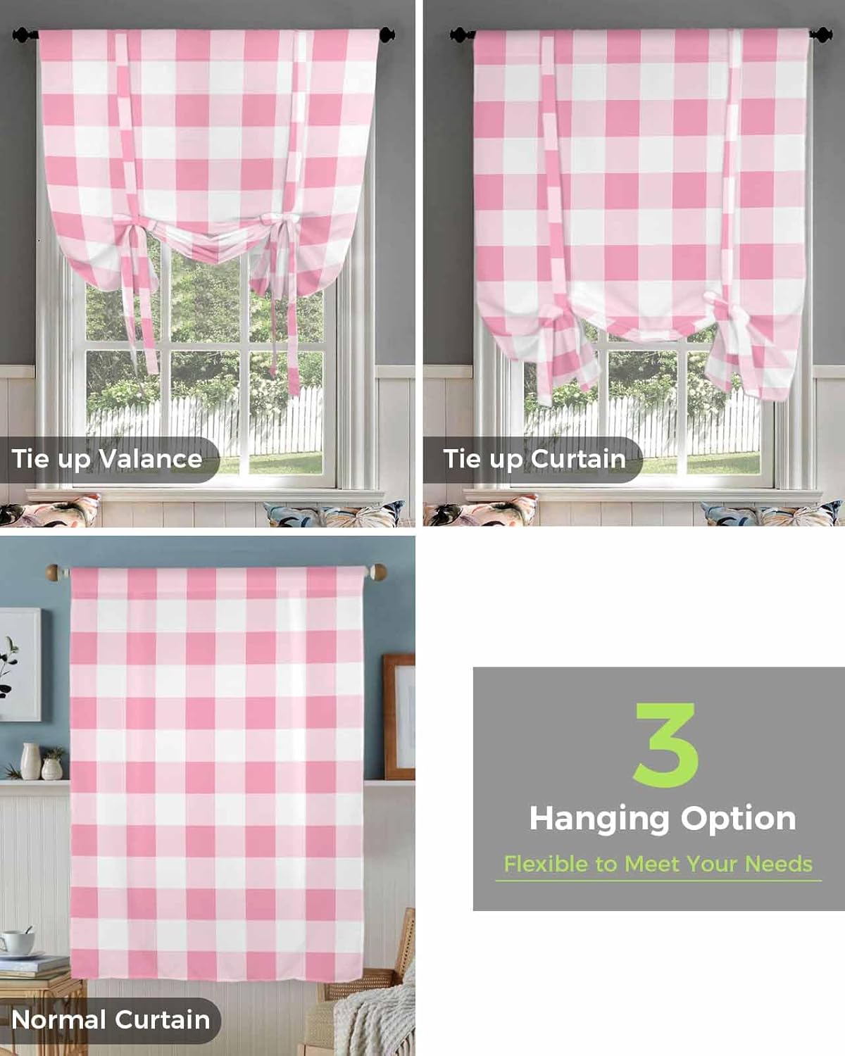 Pink White Plaid Tie Up Curtains for Window, Thermal Insulted Balloon Shade Adjustable Rod Pocket Curtains Valance Panels for Kitchen Bathroom Café 46 x 63 Contemporary Simple Buffalo Plaid Check