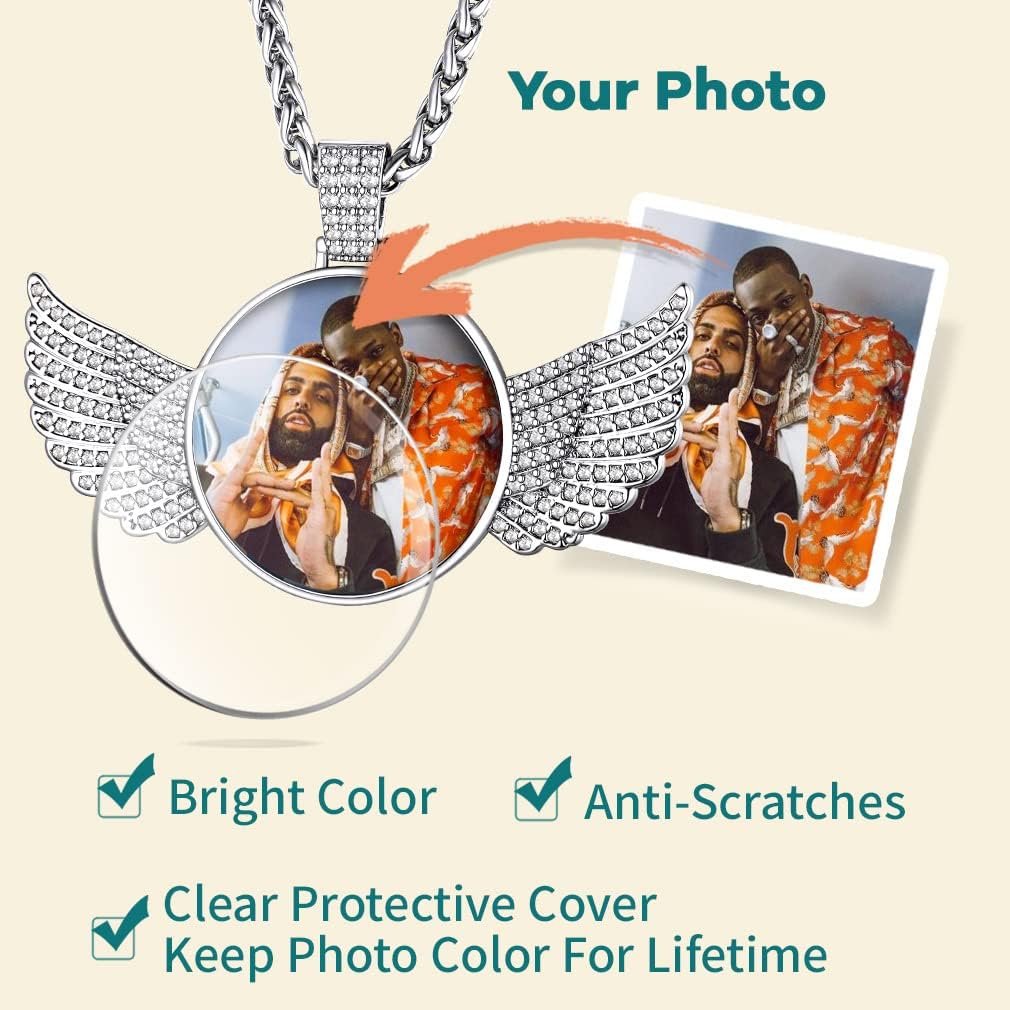 Supcare Personalized Picture Necklace Silver/Black/Gold Plated Customized Picture Circle Chain Dog Tag Pendant CZ Zicronia Custom Photo Pendant for Men Women