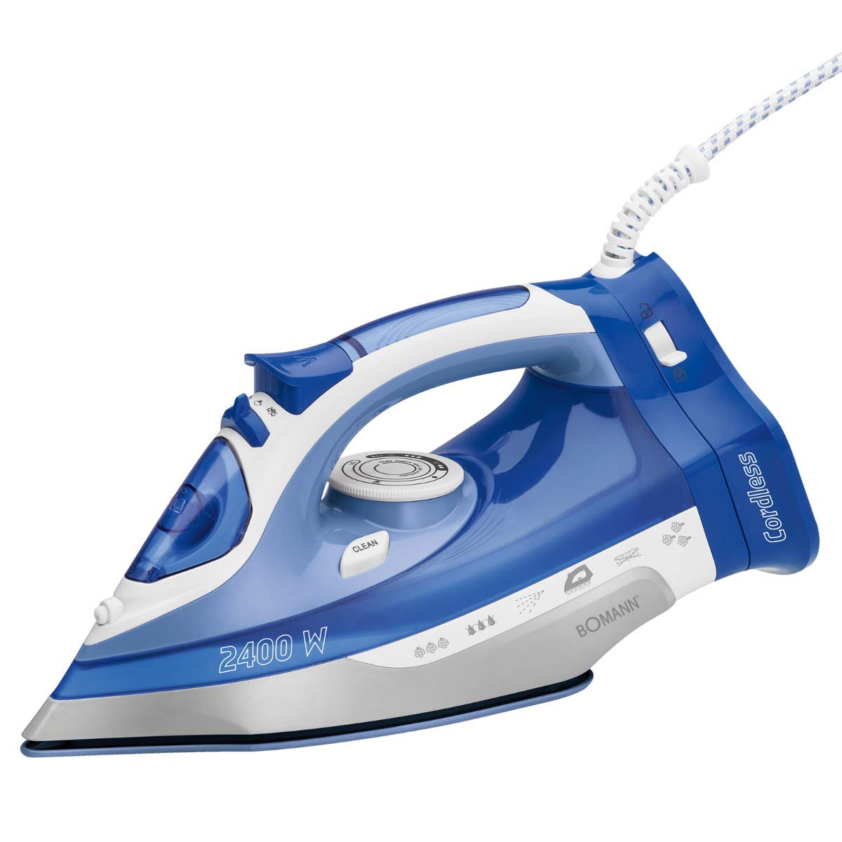 Bomann DB 6006 CB - Ferro a vapore senza fili, suola in ceramica antigraffio, 7 funzioni, regolazione continua della temperatura, colore: bianco/blu