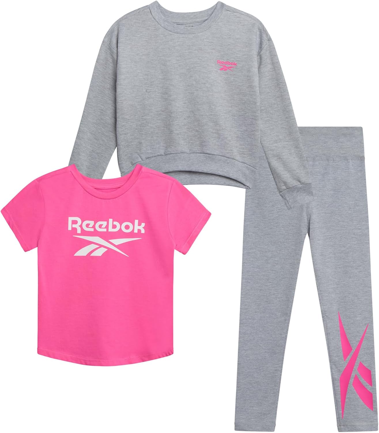 Reebok Toddler Little Girls Athletic Sets - 3 Piece Graphic Tee Shirt, Sweatshirt, and Active Legging Pants Girls Workout Set